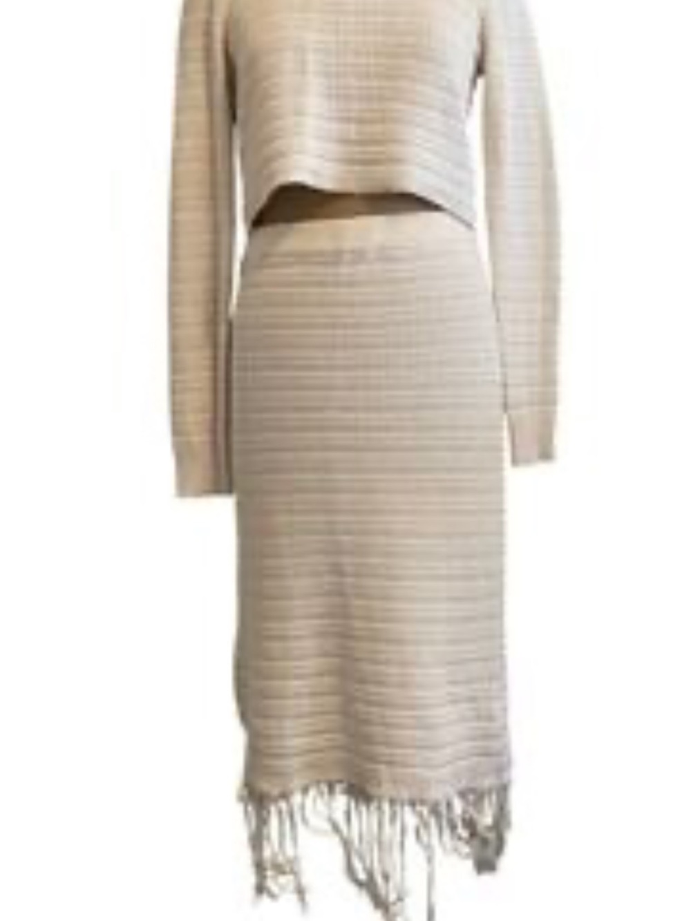 Neutral Fringe Hem Knit Midi Skirt - Beige